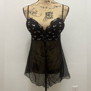 Rampage Black Sheer Mesh Babydoll with Pink Floral Embroidery